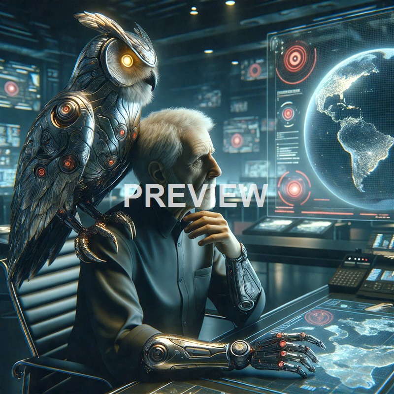 An elderly man with white hair and a beard is seated at a high-tech control station, interacting with holographic displays and surrounded by a humanoid robot with bird-like features and glowing eyes, in a futuristic command room with a large digital Earth display.